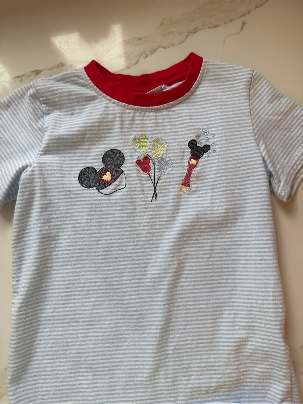 Striped Short Sleeve Kids Tee with Red Trim and Disney Embroidered Icons